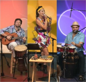Ticket To Brasil is a trio wearing brightly colored clothing.