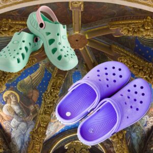 Graphic featuring the COMPAS logo (a white compass arrow in an orange circle with the words “COMPAS Making Creators”) overlaid on a Renaissance-style painted ceiling with golden trim and angelic figures. On the left, a pair of mint green Crocs with pink straps floats above the artwork. On the right, a pair of purple Crocs is positioned similarly. At the bottom center, bold white text reads: “Are We in a Renaissance? (Our Crocs Say Yes.)
