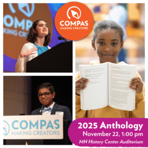 Three images of youth speaking or showing their poetry with text, 2025 Anthology on November 22 at 1:00 pm at the Minnesota History Center Auditorium.