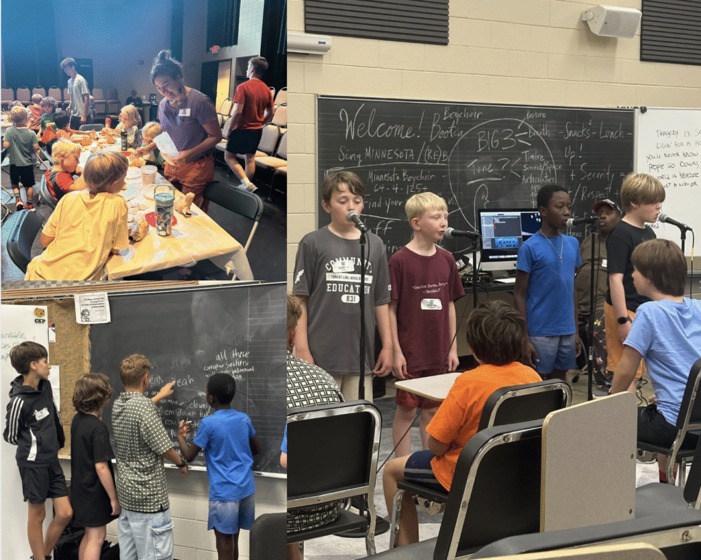 6-12 year old boys in classroom settings working with COMPAS teaching artists on a variety of art forms including puppetry, beat boxing, rapping, and sound design.