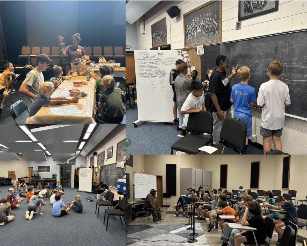 6-12 year old boys in classroom settings working with COMPAS teaching artists on a variety of art forms including puppetry, beat boxing, rapping, and sound design.