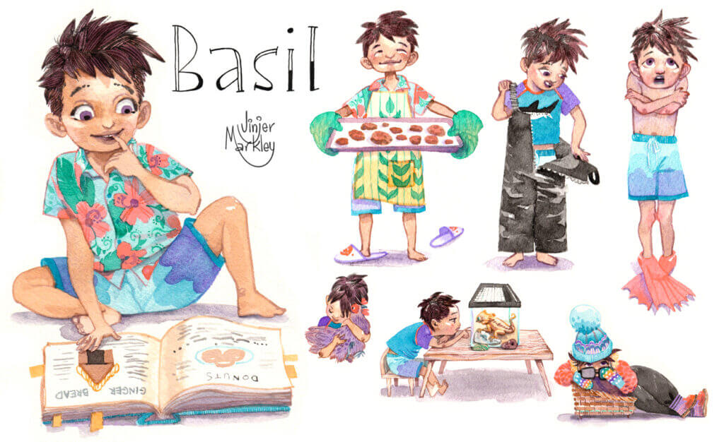 Illustrations of a child reading, baking cookies, taking off snow pants, and watching a lizard, with the title Basil by Jinjer Markley. 
