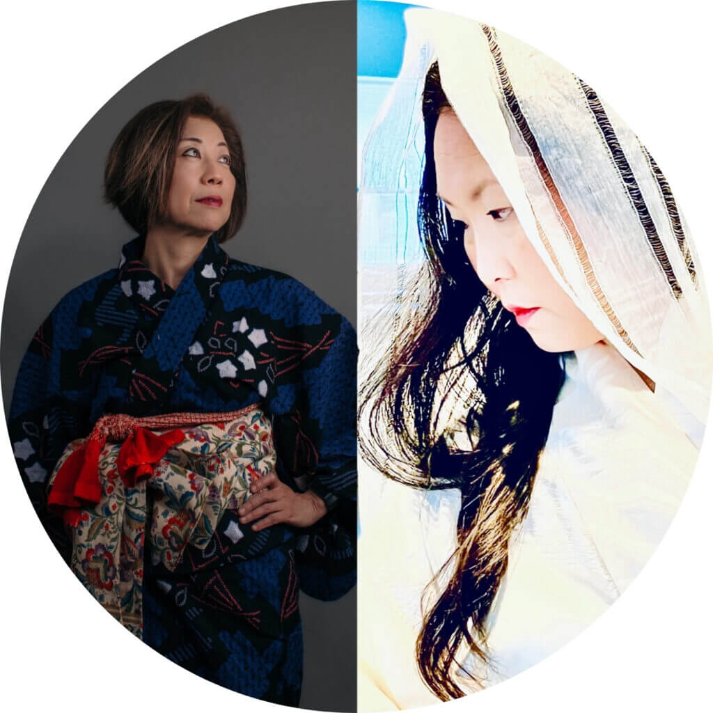 Two images in a circle of the Duo Mythos artists, Momoko Tanno and Asako Hirabayashi. 
