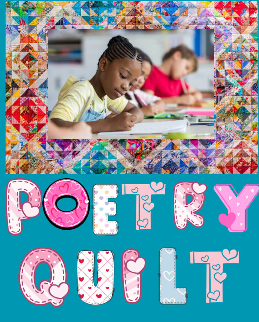 A student diligently writing with a quilt design frame around the image. 