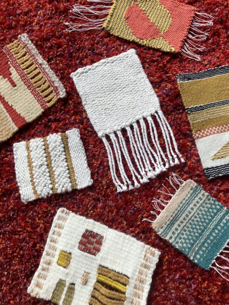Small coaster sized, weaved pieces. 