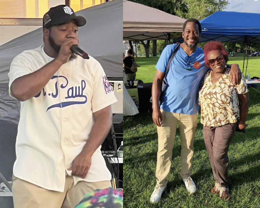 Split image from the Saint Paul Get Down event. Left: a performer in a cream St. Paul baseball jersey and black cap raps into a microphone onstage. Right: two smiling adults stand together on the grass under event tents, one with an arm around the other’s shoulder.