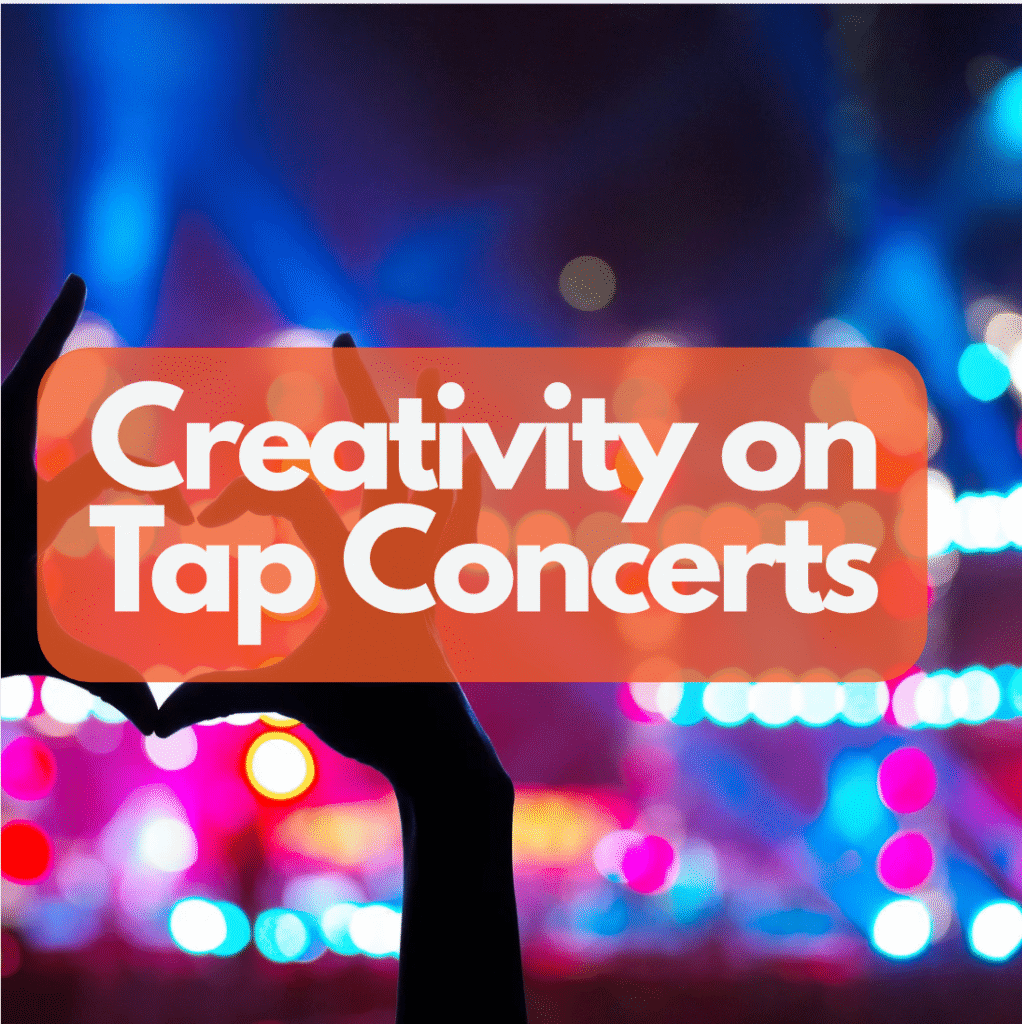 A person’s hands form a heart shape in front of a brightly lit concert stage with colorful lights in shades of blue, pink, and purple. Overlaid text reads “Creativity on Tap Concerts” in bold white letters on an orange translucent background.