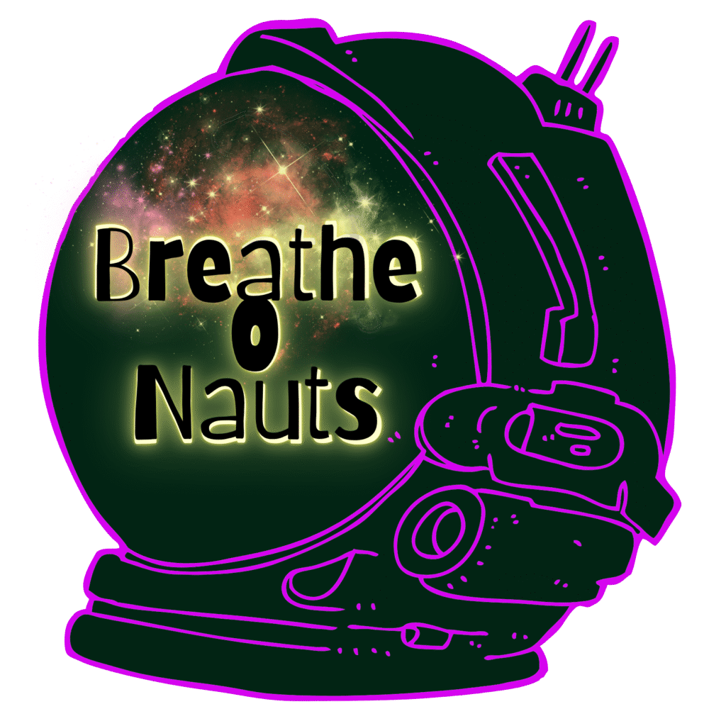 Graphic of an astronaut helmet that says breatheonaut. 