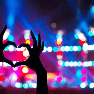 Silhouette of hands in a heart shape in front of lights.