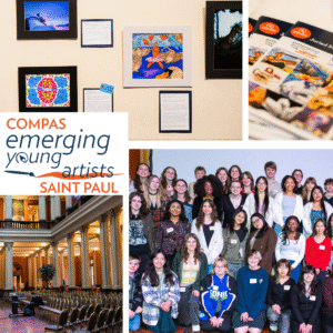 Collage of youth, art, programs, and the Landmark center.