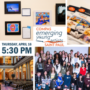 Collage of art walls, programs, youth, and the Landmark Center with the text Emerging Young Artists Thursday April 16 at 5:30 pm.