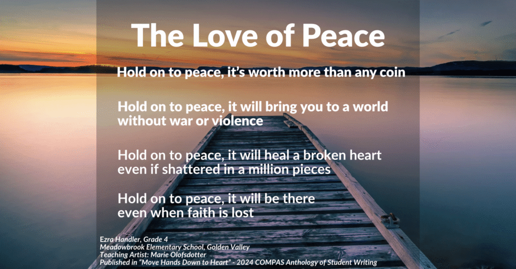 A photograph of a wooden dock extending into a calm lake at sunset with a student poem titled “The Love of Peace” overlaid in white text about peace, healing, and hope.