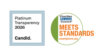 Two nonprofit accountability badges side by side: a light blue square ‘Platinum Transparency 2026’ badge from Candid, and a green and white ‘Meets Standards’ seal from the Charities Review Council with the URL smartgivers.org.