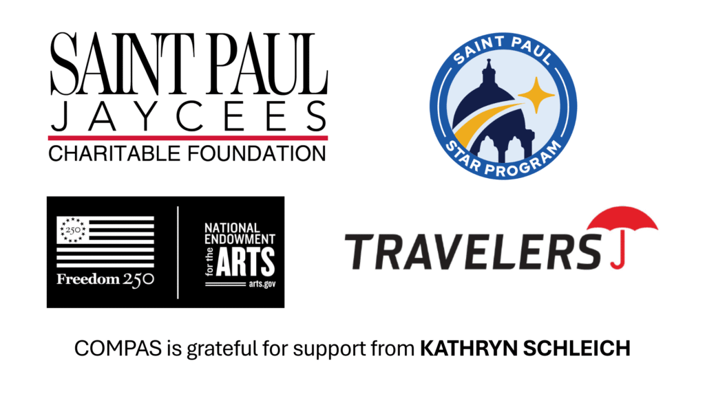 Sponsor logos from the Saint Paul Jaycees, the Saint Paul Star Program, the NEA, Travelers, and a note that COMPAS is grateful to Kathryn Schleich for sponsoring the awards.