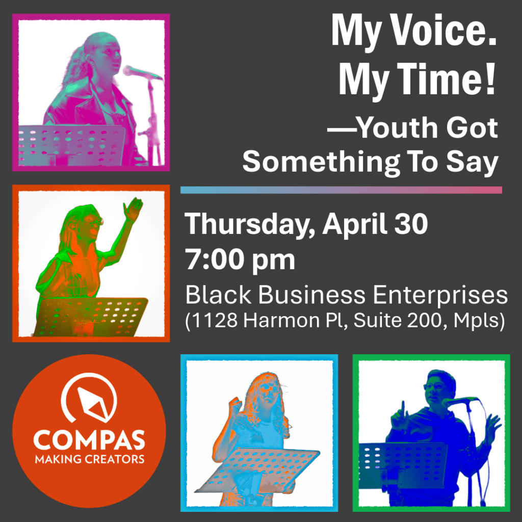 Colorful youth images and text, My Voice, Myu Time! for the Youth Spoken Word Showcase.
